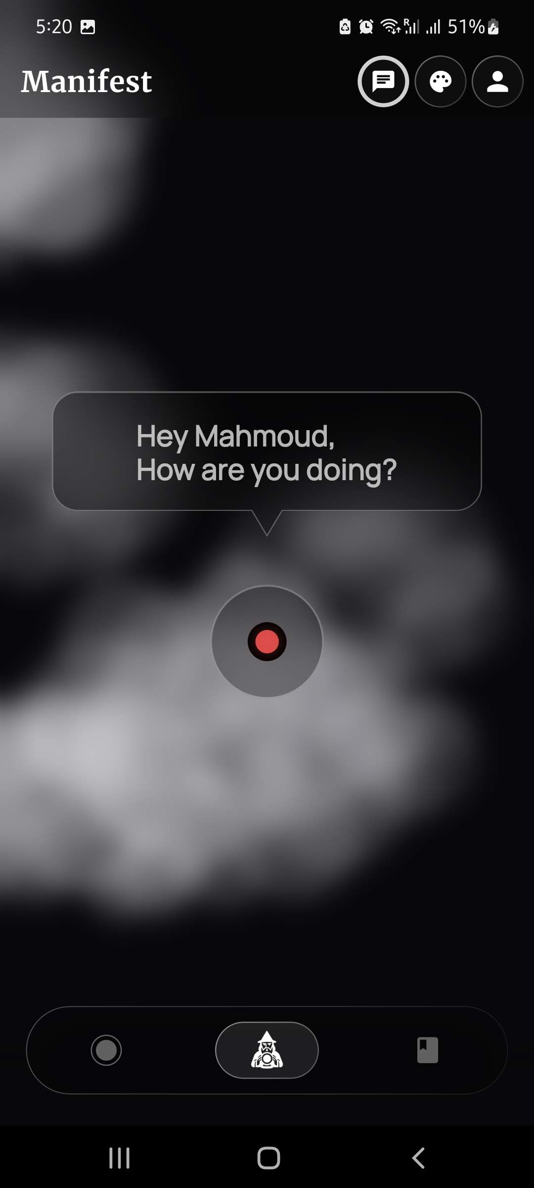 A screenshot of the Whimsify app's voice recording interface, showing a dark theme with a central record button.