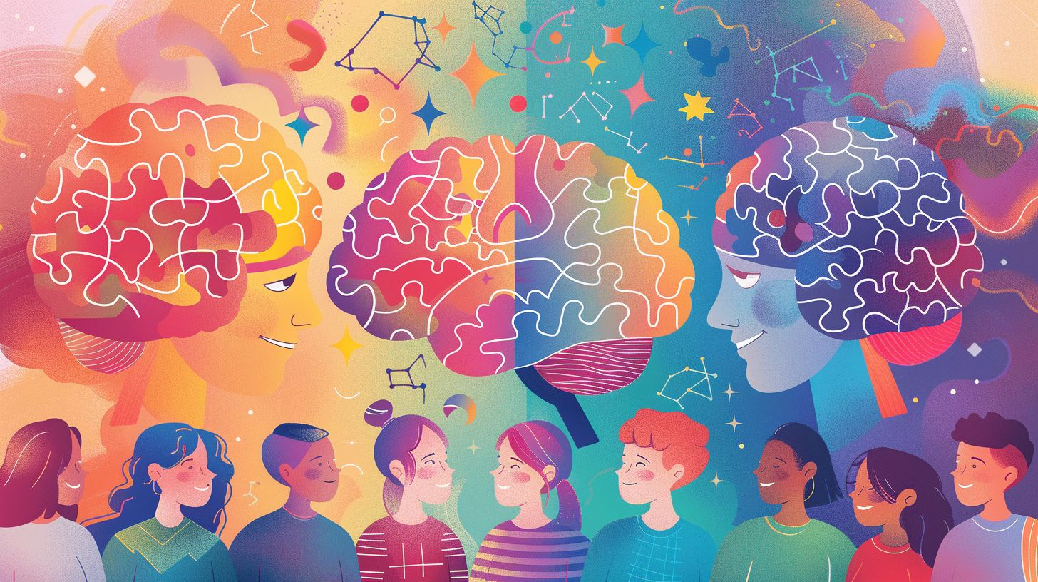 Illustratie over neurodiversiteit: verschillende mensen met kleurrijke hersenen die elkaar ontmoeten.