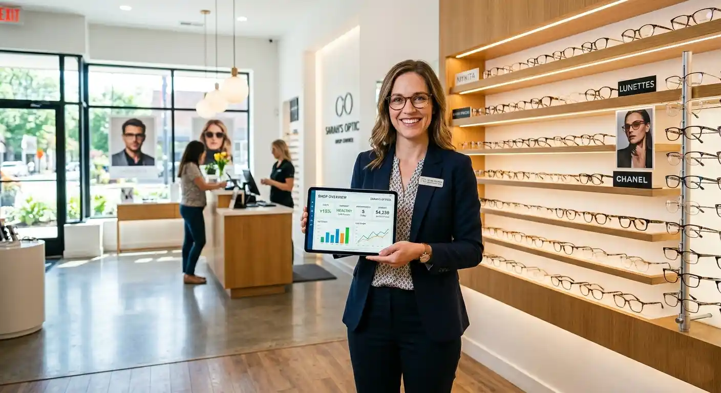 Optical shop owner looking happy with their dashboard