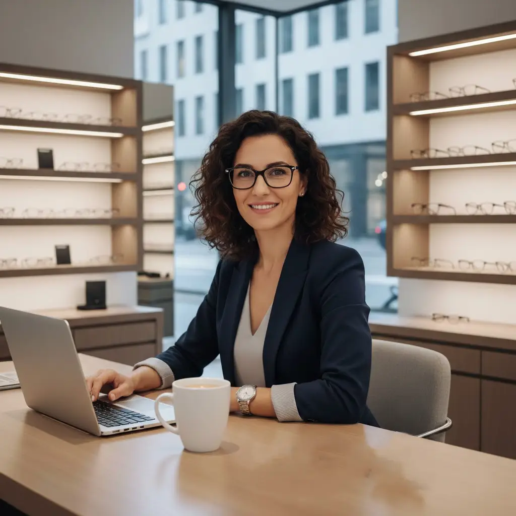 An optometrist working on a laptop, demonstrating OptiBeacon software