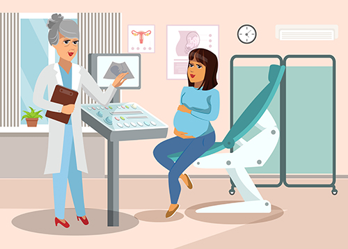 cartoon showing pregnant female at gynecologist