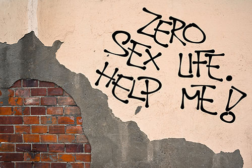 "zero sex life. help me!" written on wall