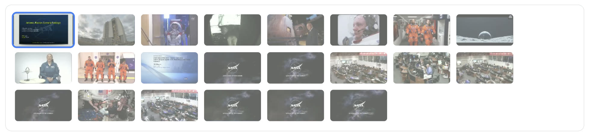 A grid of 22 video clip thumbnails from NASA press conferences, launches and mission control.