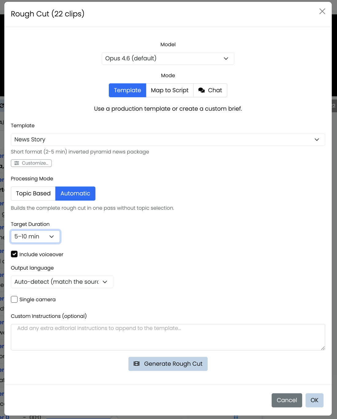 The Rough Cut dialog showing Model, Mode, Template set to News Story, Processing Mode, Target Duration, voiceover and language options.