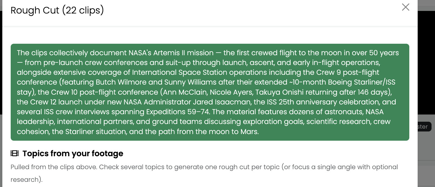 The top of the topics panel: a green paragraph summarising everything found across the footage, above a heading reading Topics from your footage.