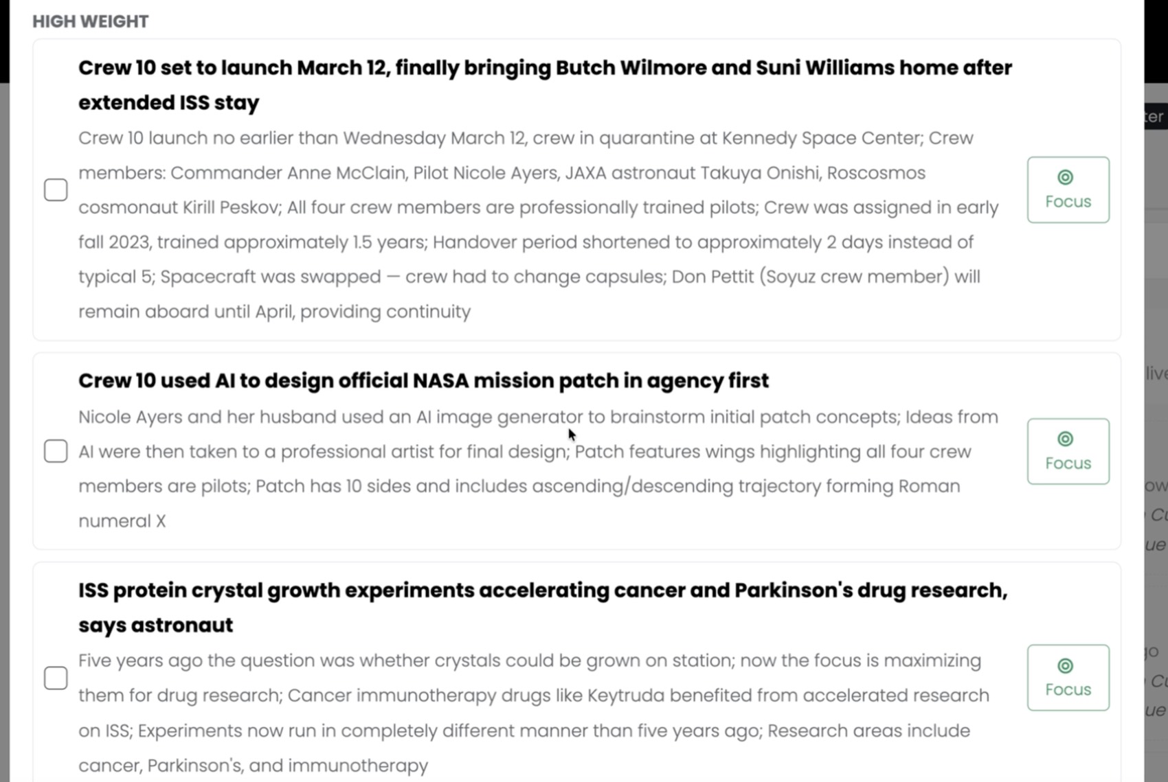 Three high-weight news angles listed with checkboxes on the left and a Focus button on the right of each.