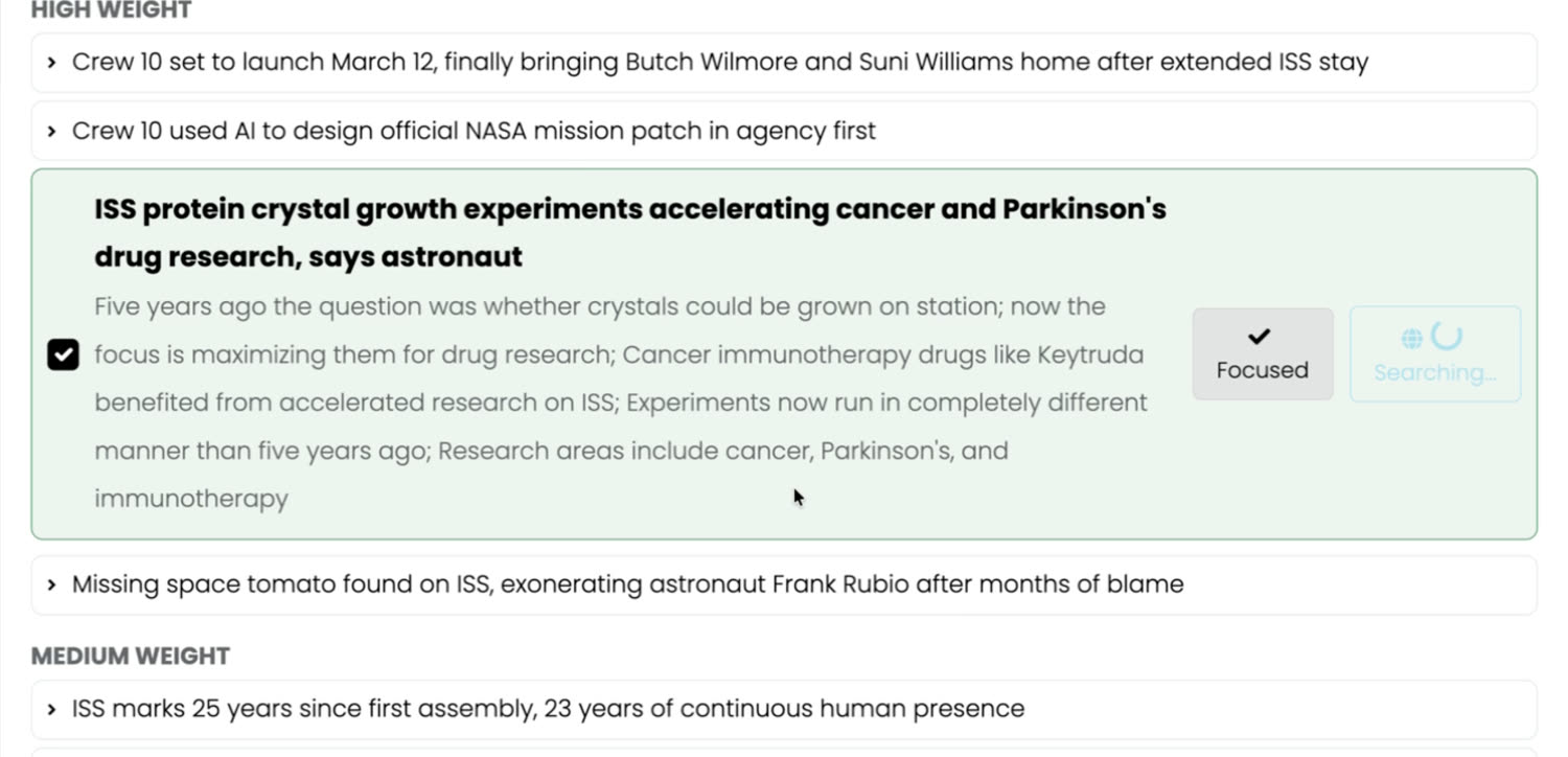 A topic list where one angle is checked and marked Focused with a Searching indicator, while every other angle has collapsed to a single headline.