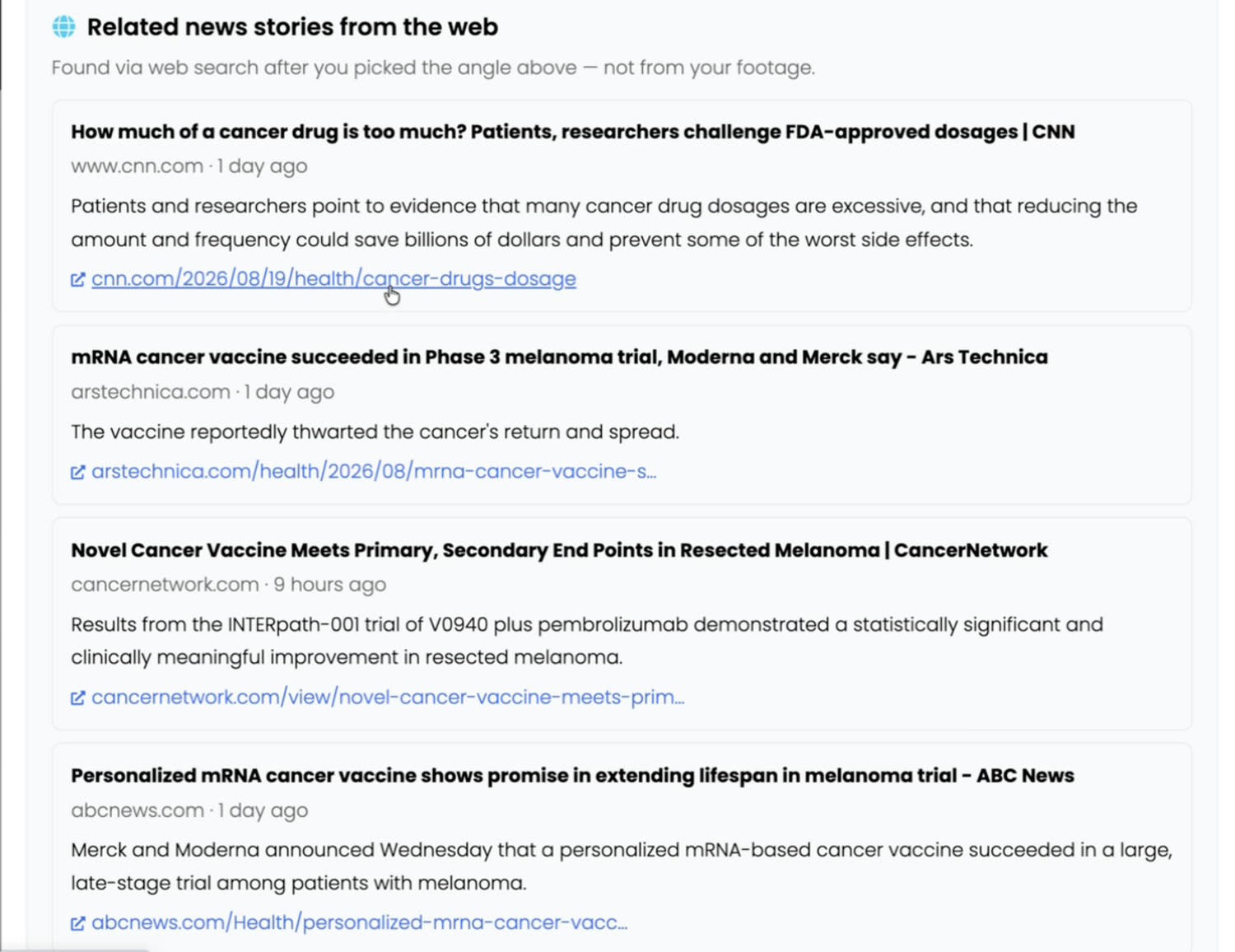 A panel headed Related news stories from the web listing four current articles with sources, ages, summaries and links.