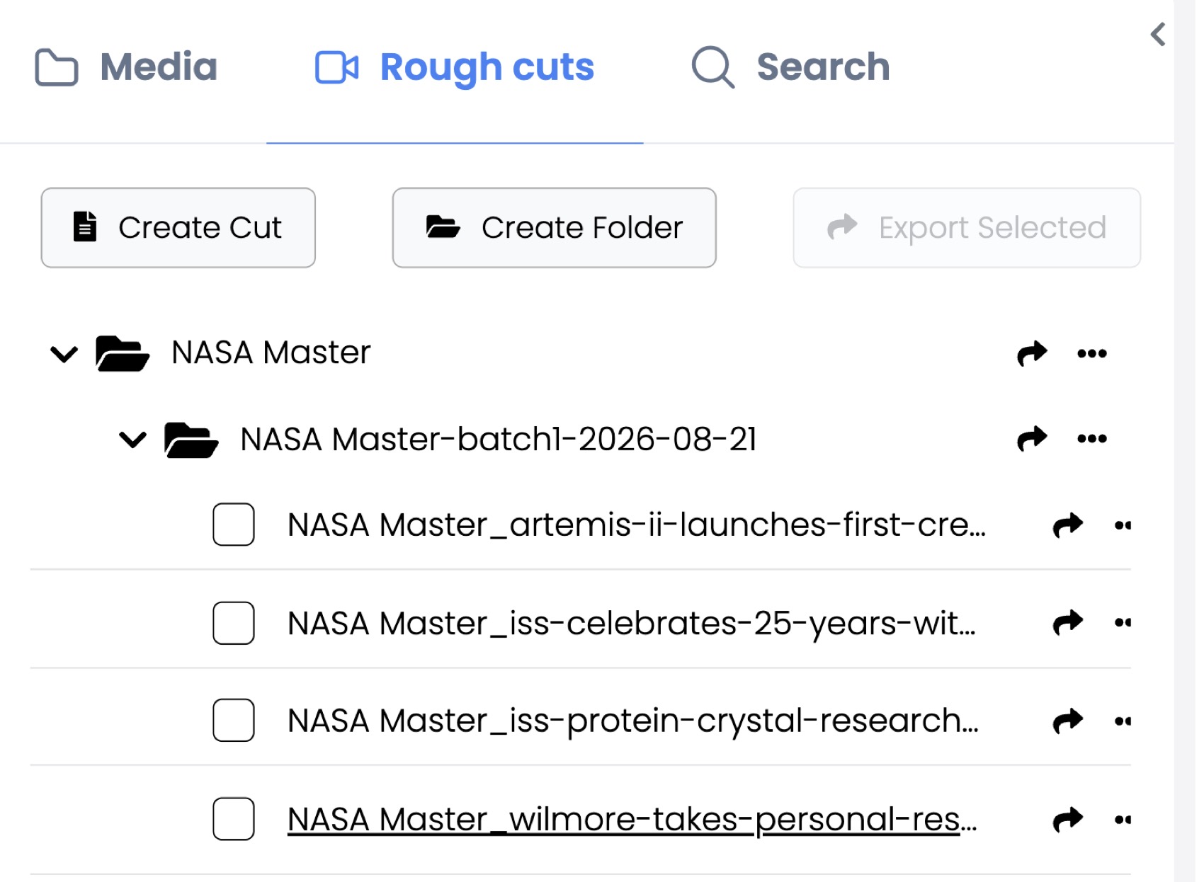 The Rough cuts panel showing a NASA Master folder containing a dated batch folder with four rough cuts inside, each named after its story.
