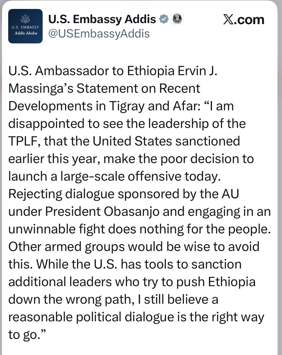 U.S. ambassador condemns new Tigray offensive