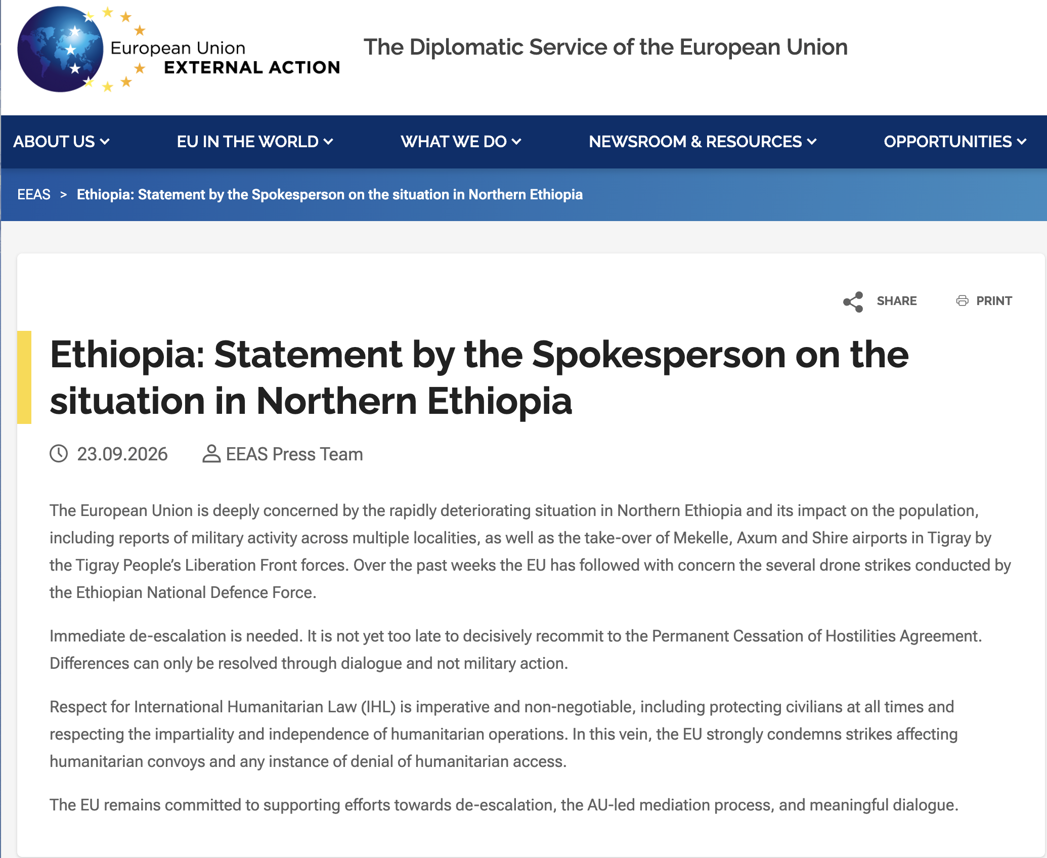 EU urges restraint as tensions escalate in northern Ethiopia