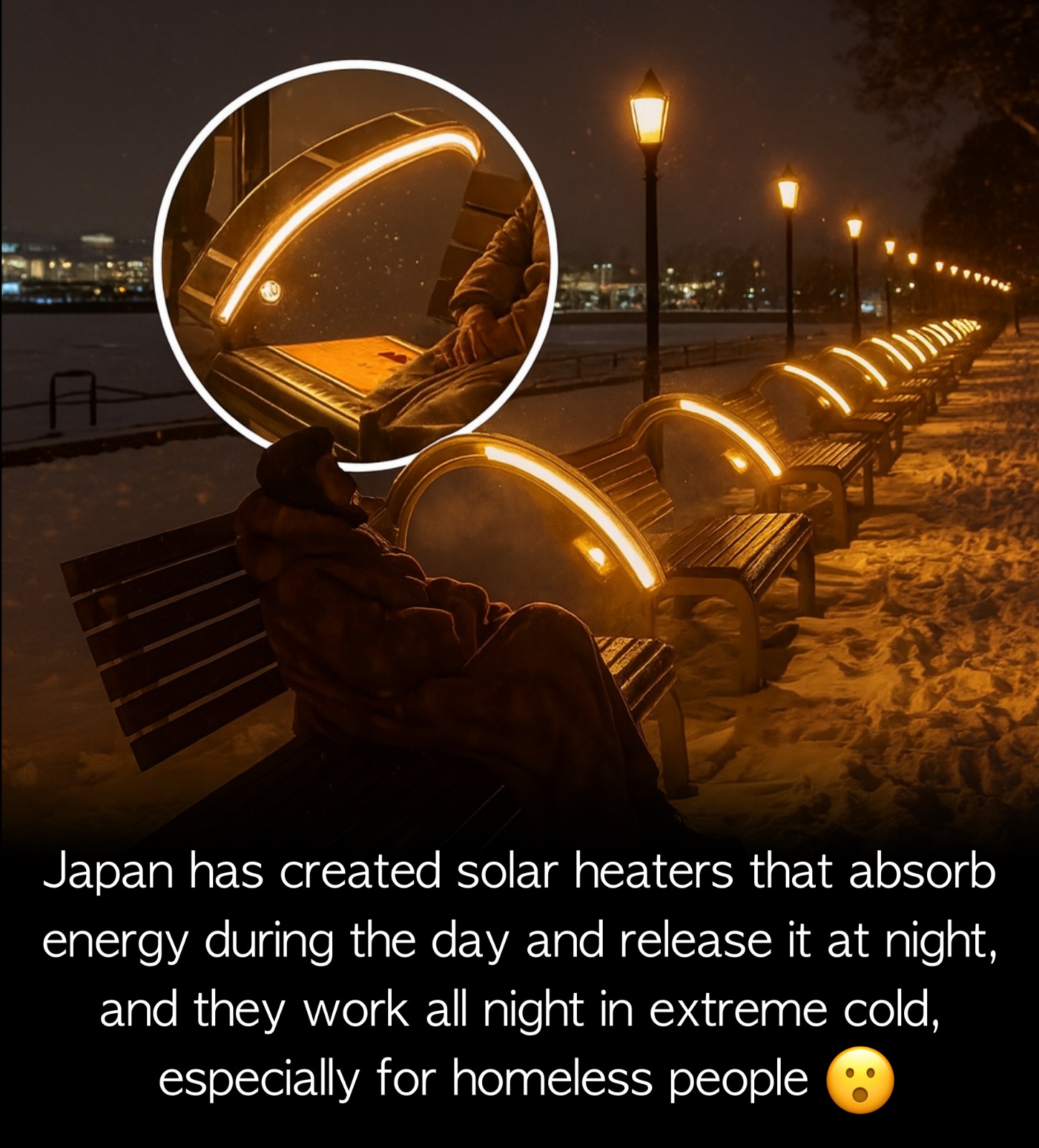 Japan has developed an innovative idea: solar-powered heated benches designed to capture sunlight during the day and release gentle warmth throughout the night