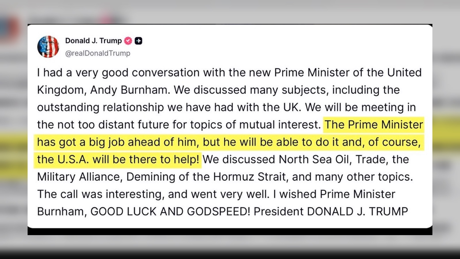 Trump promises US help in warm first call with Burnham