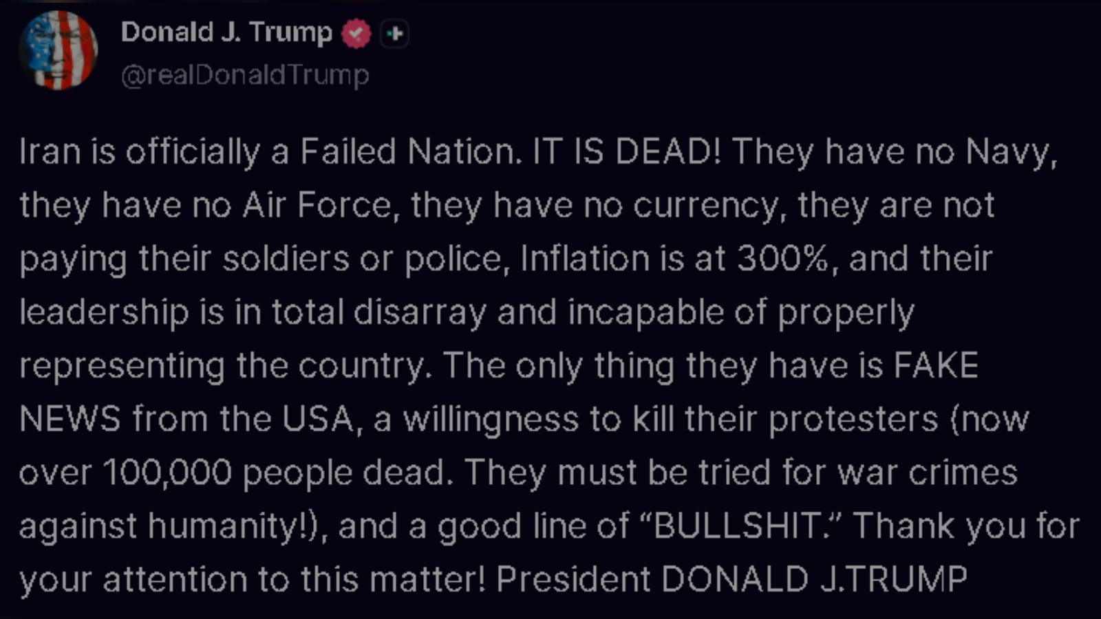 Donald Trump calls Iran a "failed nation" in "total disarray" after attacks
