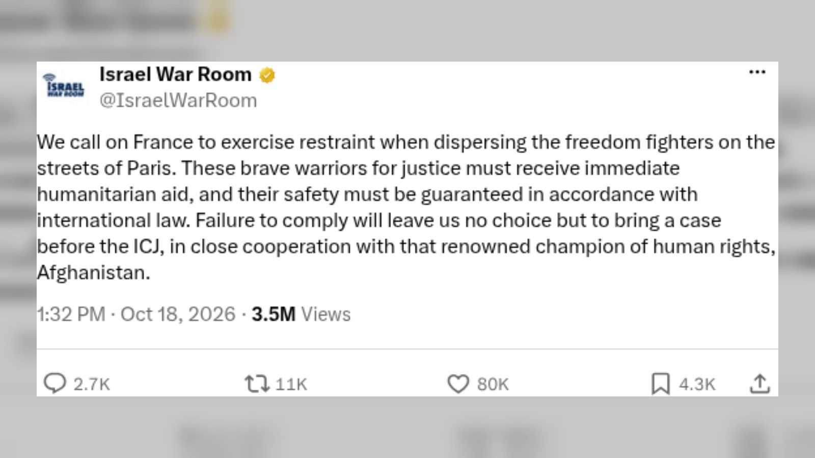 Israel War Room Mocks France's Riot Response With 'Freedom Fighters' Post