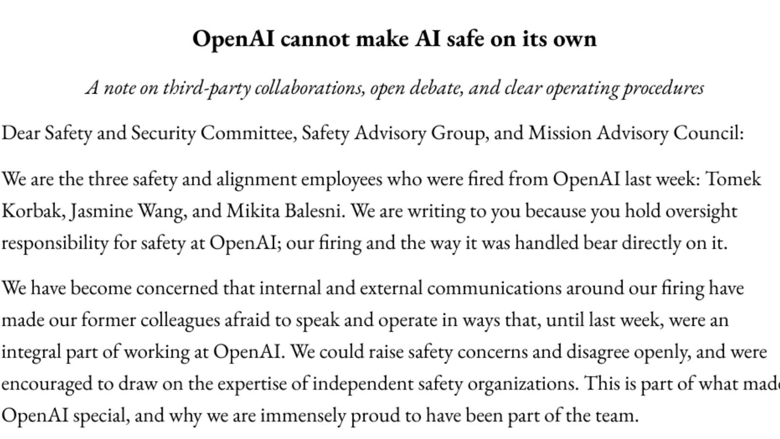 Fired OpenAI Researchers Deny Misconduct in Open Letter