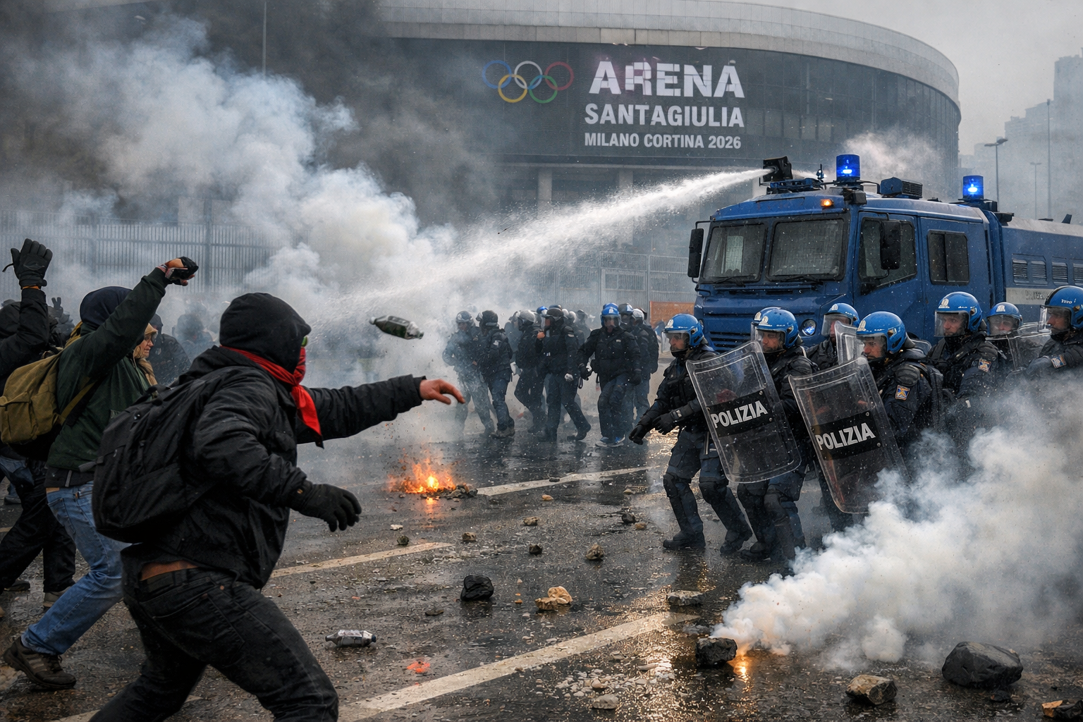 Italian police deploy tear gas, arrest 6 Milan Olympics protesters.