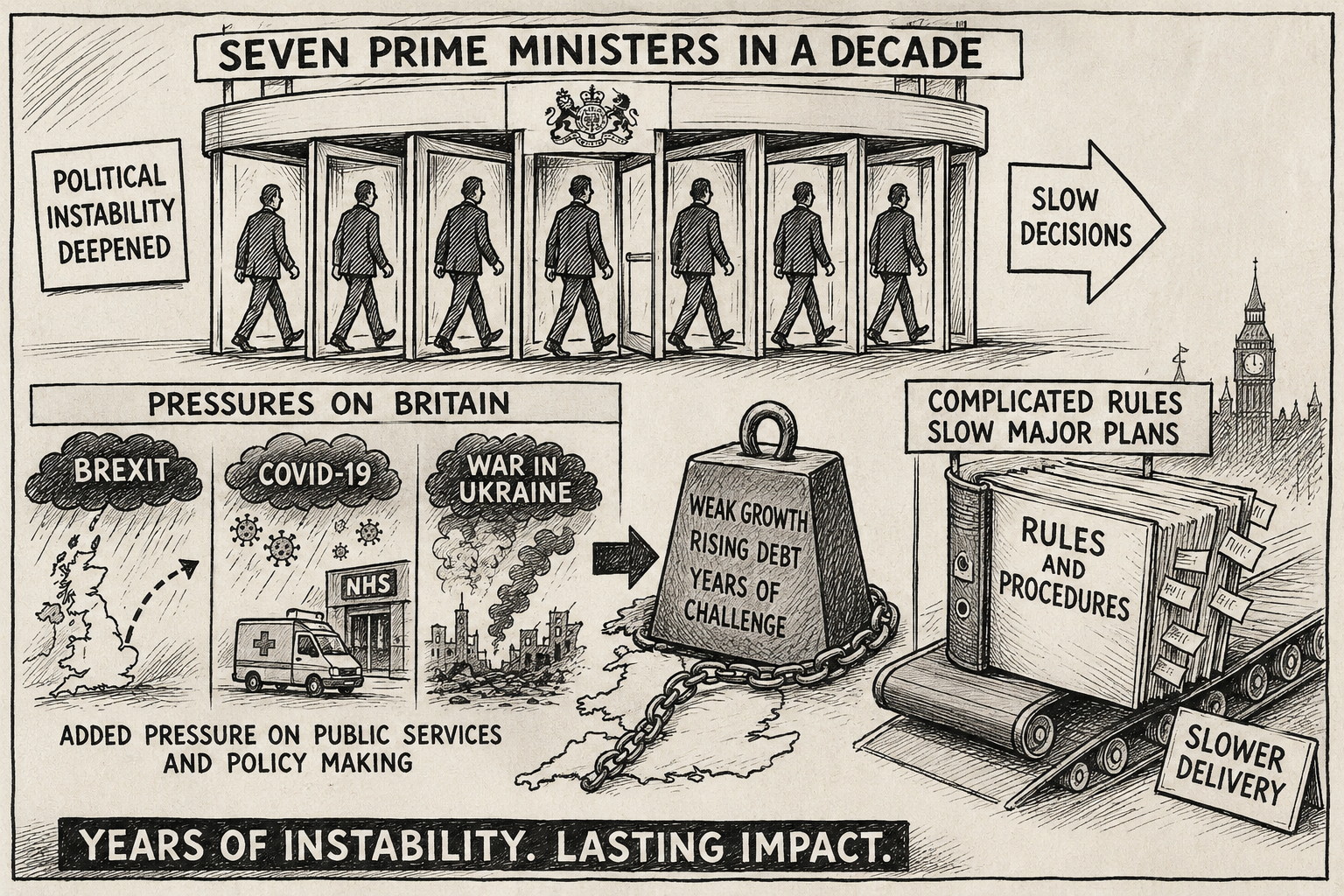 Britain's 7 PMs: A decade of debt and stalled decisions