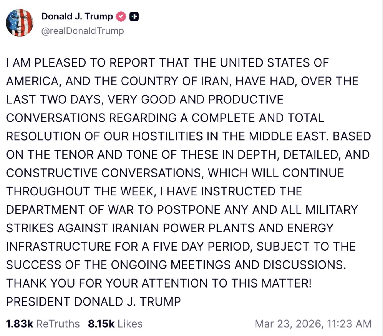 Trump Pauses Iran Strikes For Five Days