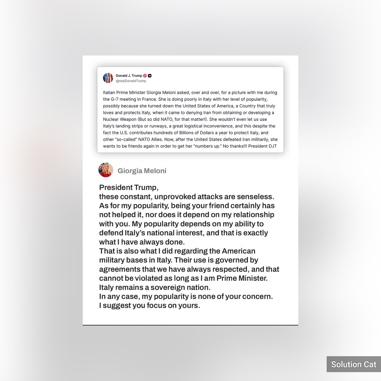 Meloni hits back after Trump says she begged for photo