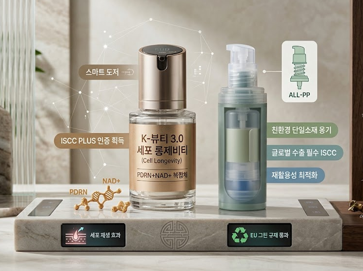 바이오 롱제비티 화장품 포뮬러 및 친환경 단일소재 에어리스 화장품 용기