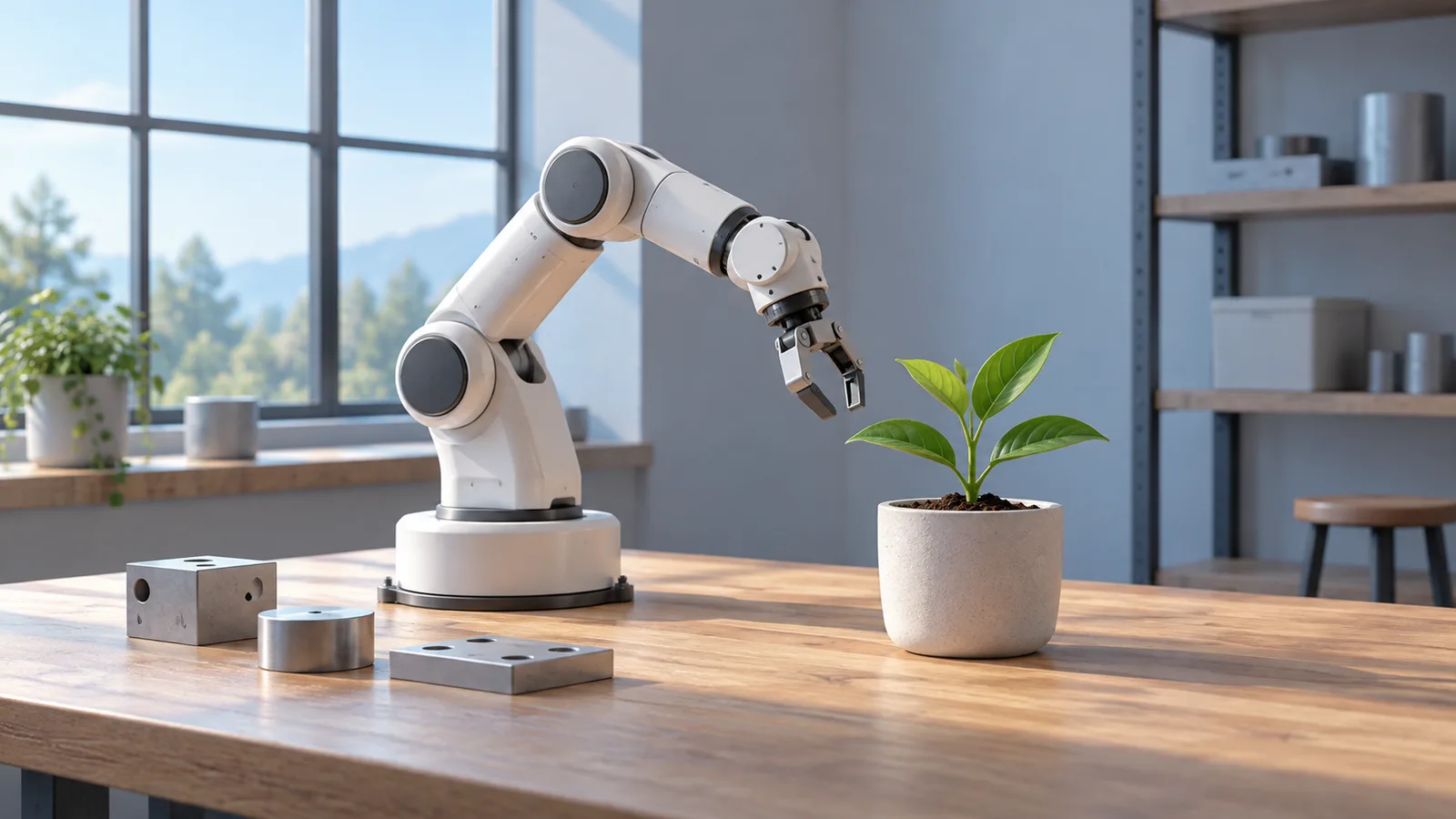 AI 생성 이미지 · 제조 작업대의 로봇 팔과 화분의 새싹으로 표현한 기업 기술지원 설명 일러스트