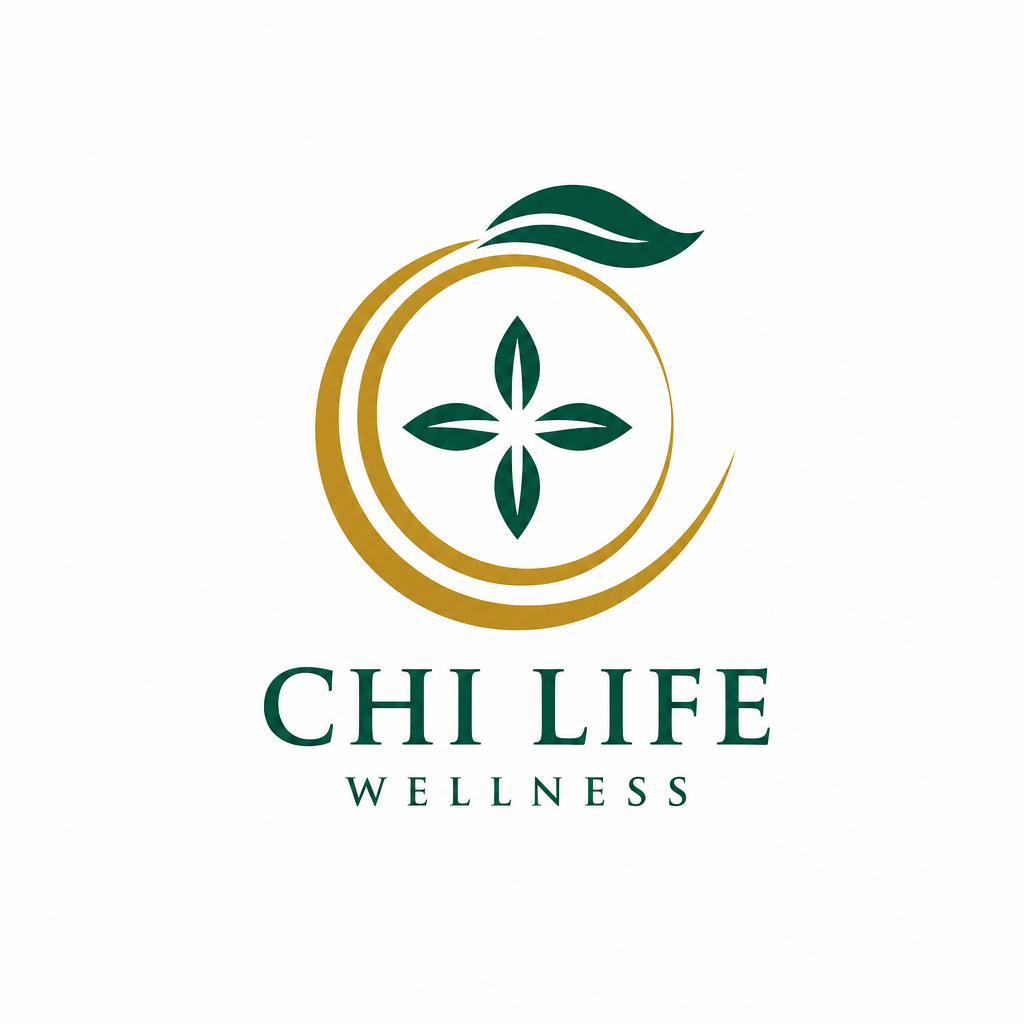 Chi Life Wellness logo — a green four-petal lotus inside a golden circle with a leaf