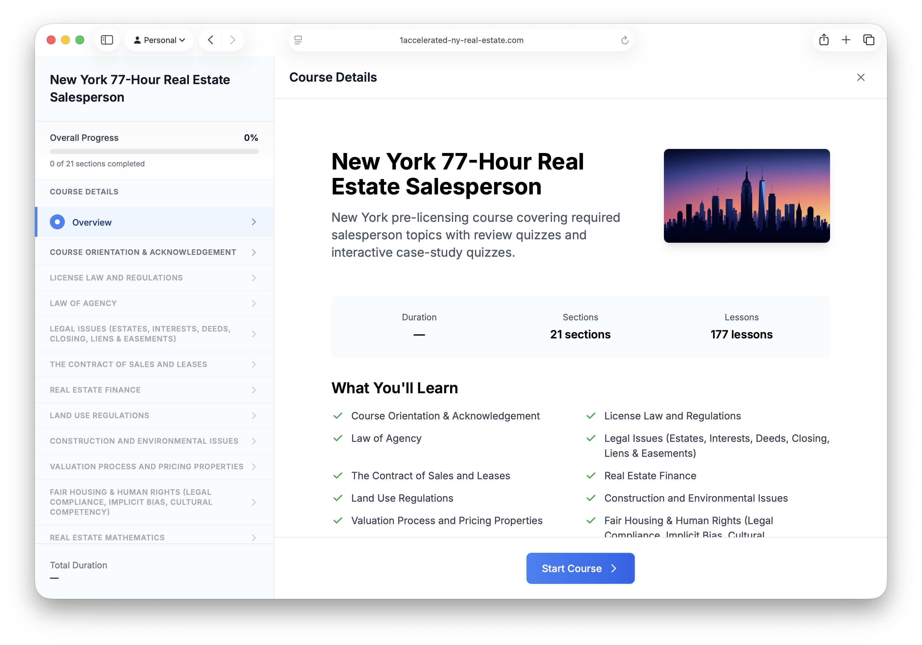 Preview of the New York real estate course viewer