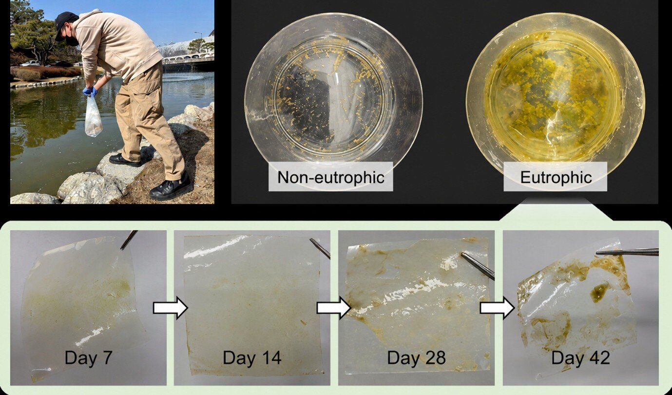 Algal blooms accelerate plastic weathering, potentially fueling microplastic formation