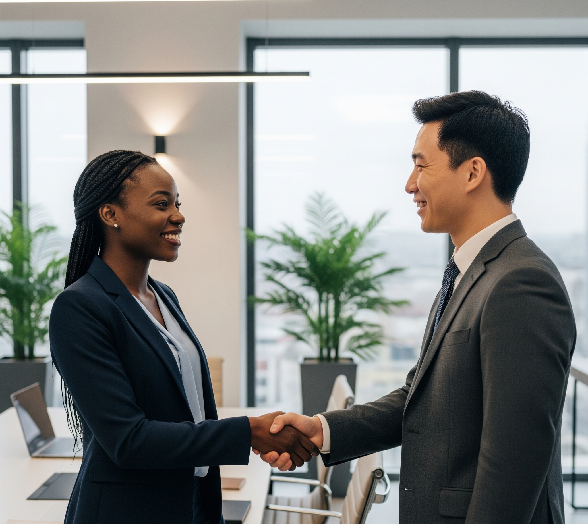 Two professionals shaking hands, signifying a partnership