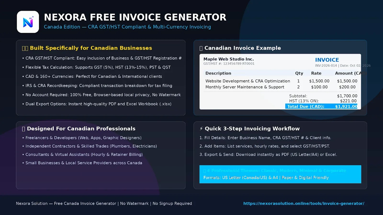 Free Invoice Generator Canada for Freelancers & Small Business | Nexora