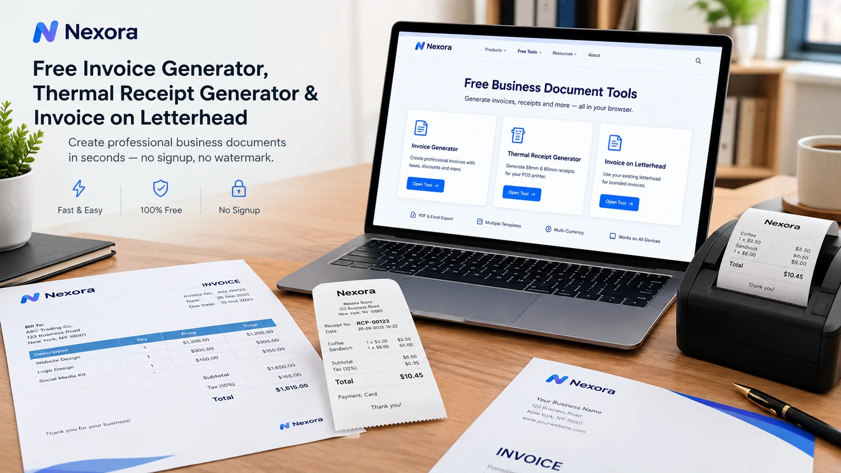 Free Invoice Generator, Thermal Receipt & Letterhead Tool