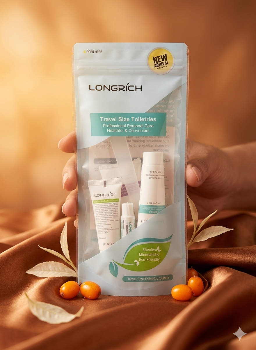 Kit de voyage et hôtel Longrich (shampooing + gel douche +savon + dentifrice + brosse à dents)