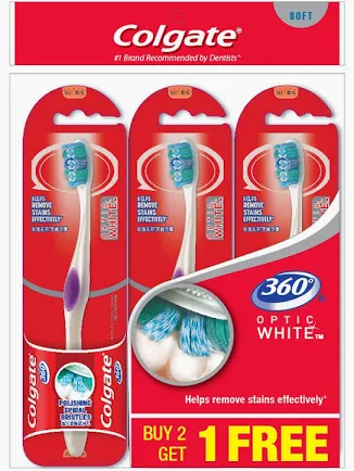 Colgate 360 Optic White Cheek and Tongue Cleaner Toothbrush 3's (Polybag)