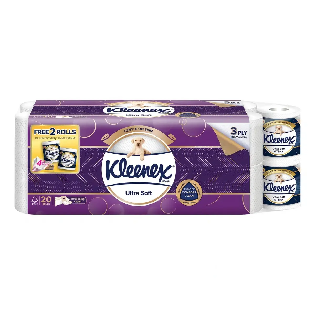 Kleenex Bathroom Tissue UltraSoft - 20 Rolls + FOC 2 Rolls Regular (Carton of 4)