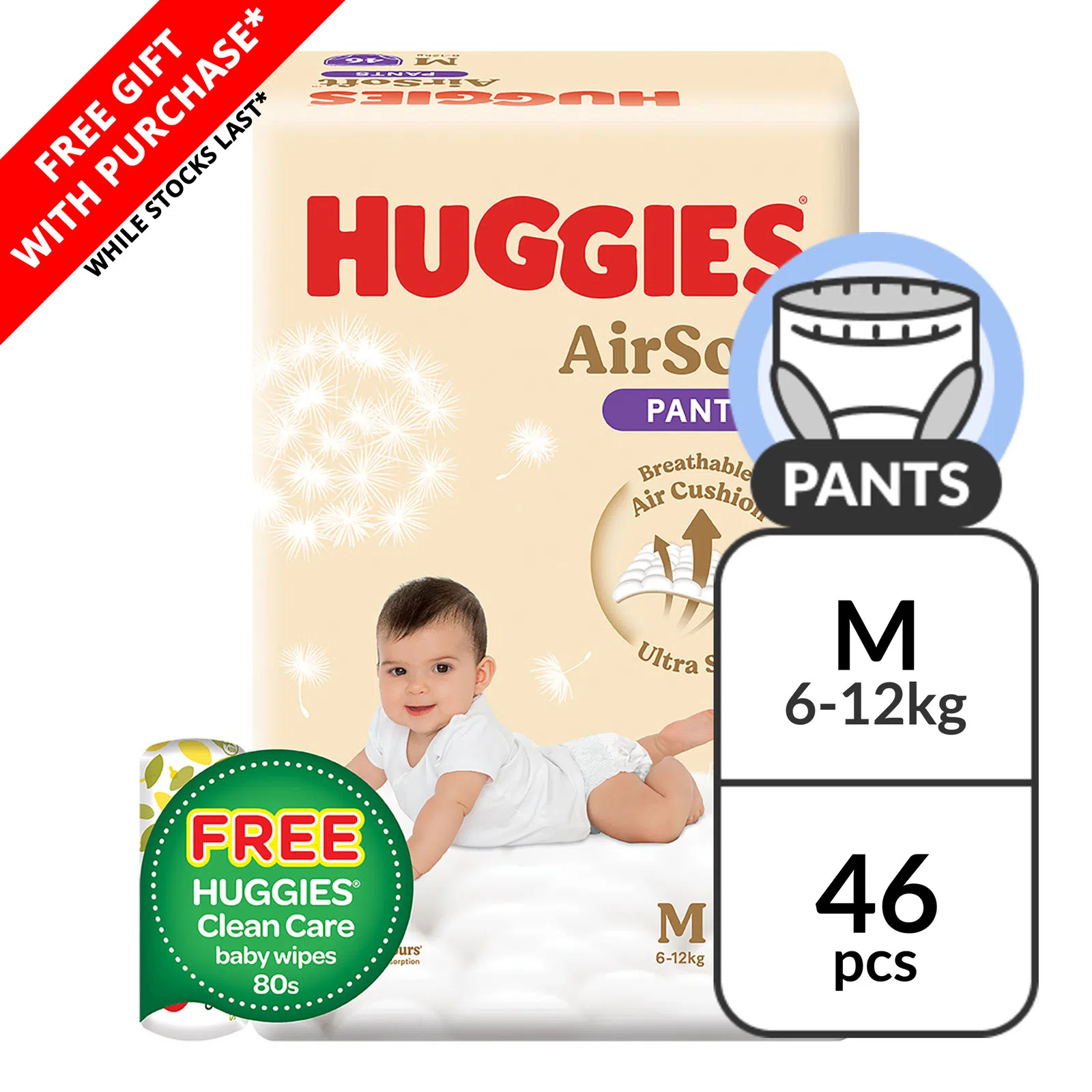 Huggies AirSoft Diaper Pants - M 46's + 80's Wipes (Carton of 4)