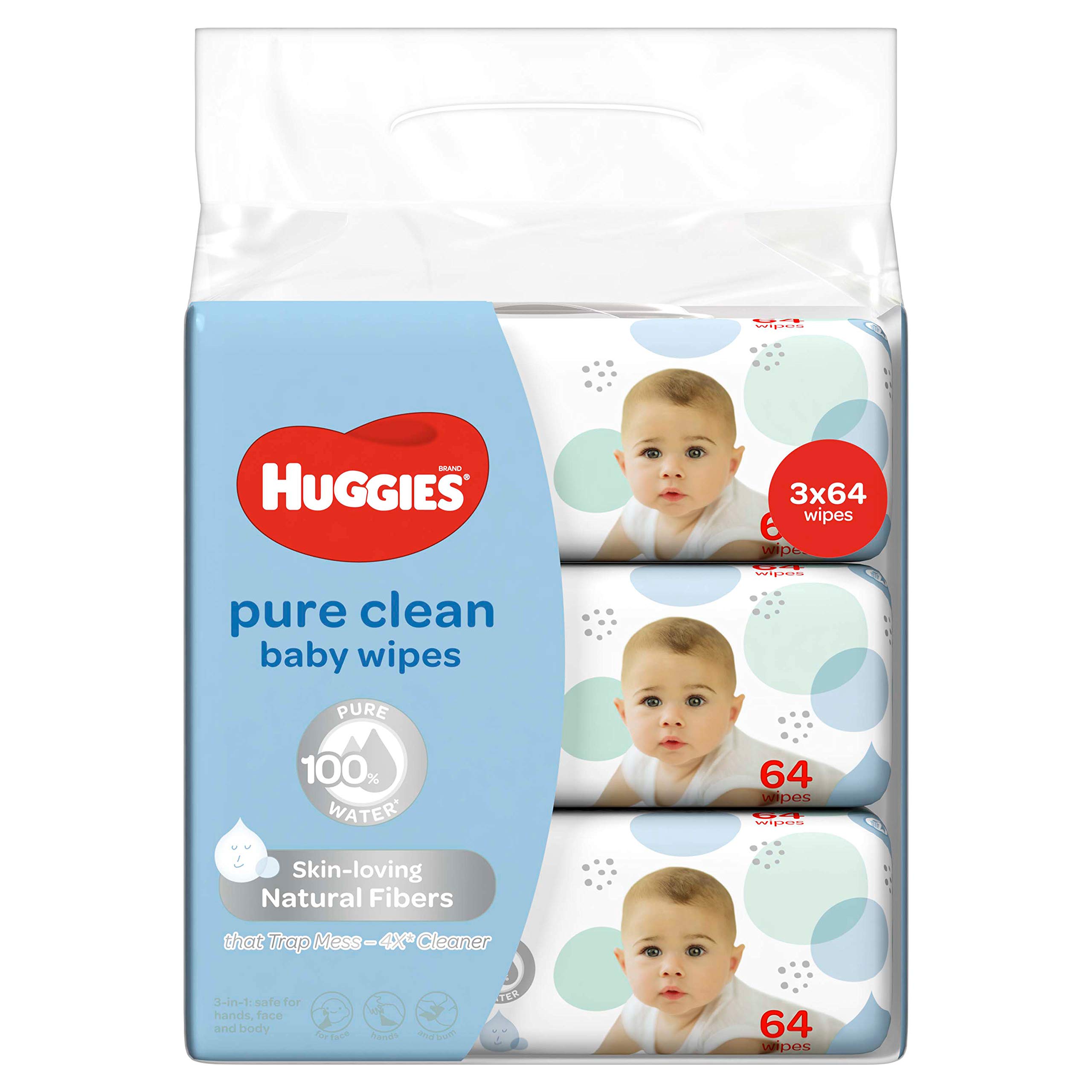 Huggies Pure Clean Wipes 3x64's (Carton of 6)