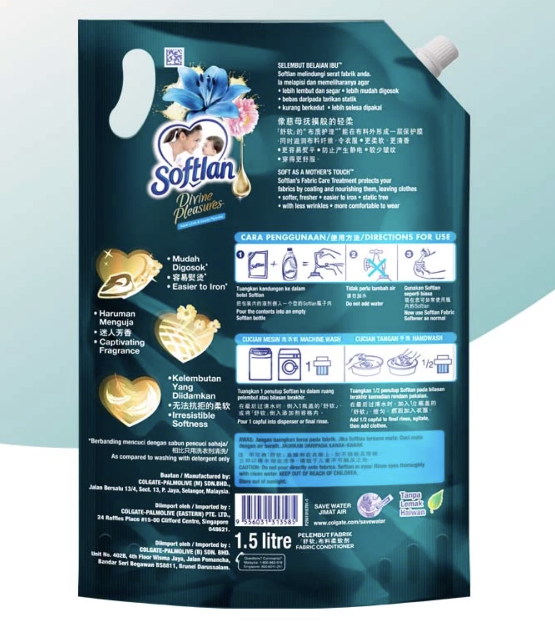 Softlan Divine Pleasures Aqua Lilies Refill Fabric Softener 1.5L (Carton of 8) photo 2
