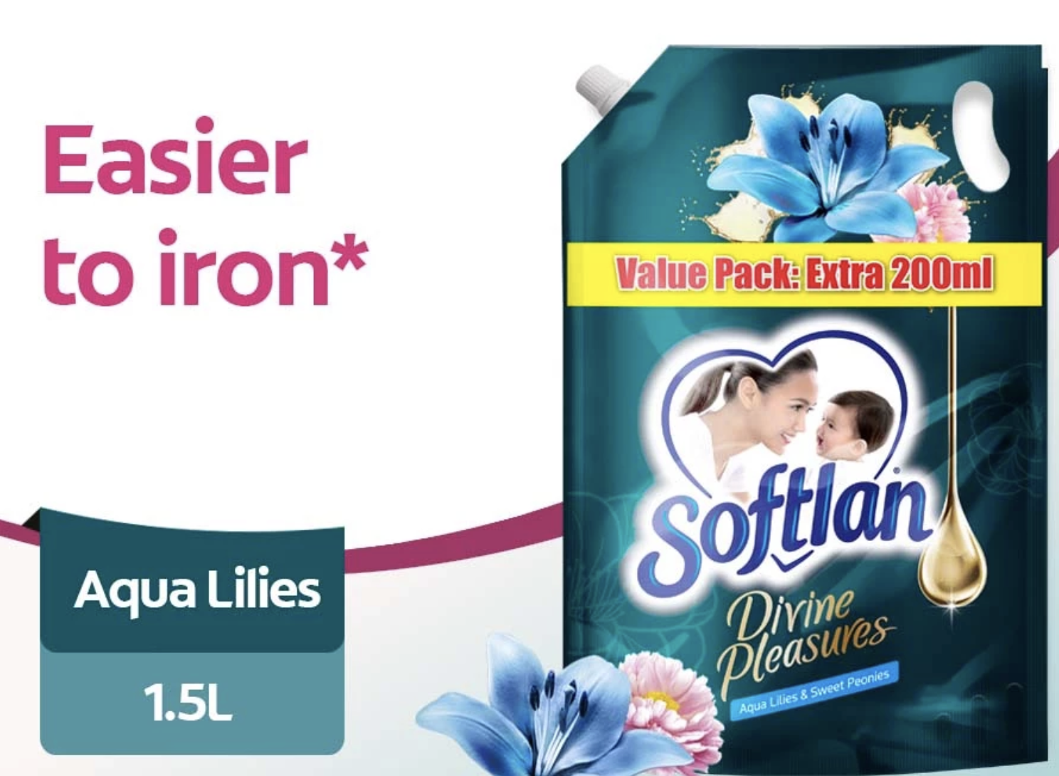 Softlan Divine Pleasures Aqua Lilies Refill Fabric Softener 1.5L (Carton of 8)