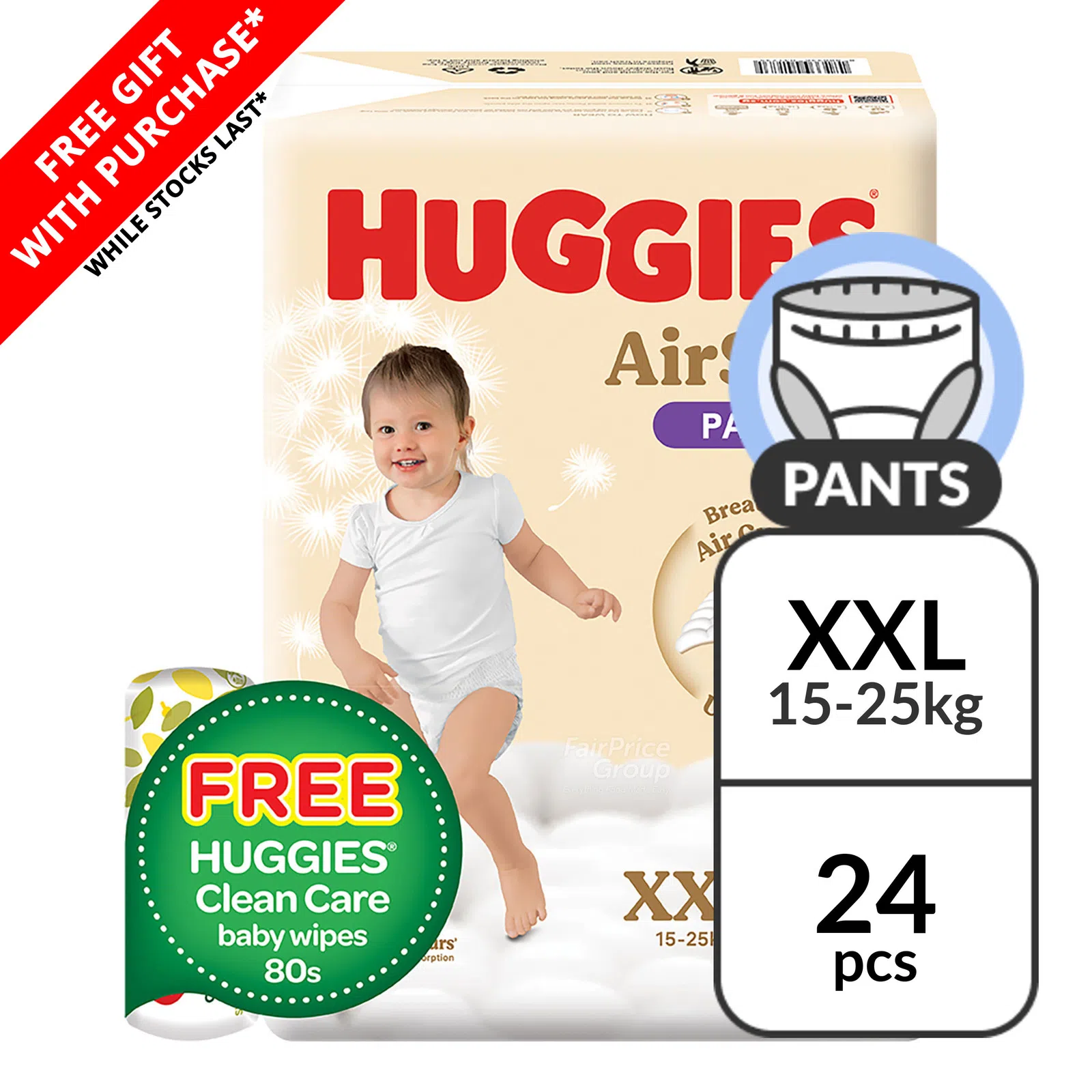 Huggies AirSoft Diaper Pants - XXL 24's + 80's Wipes (Carton of 4)