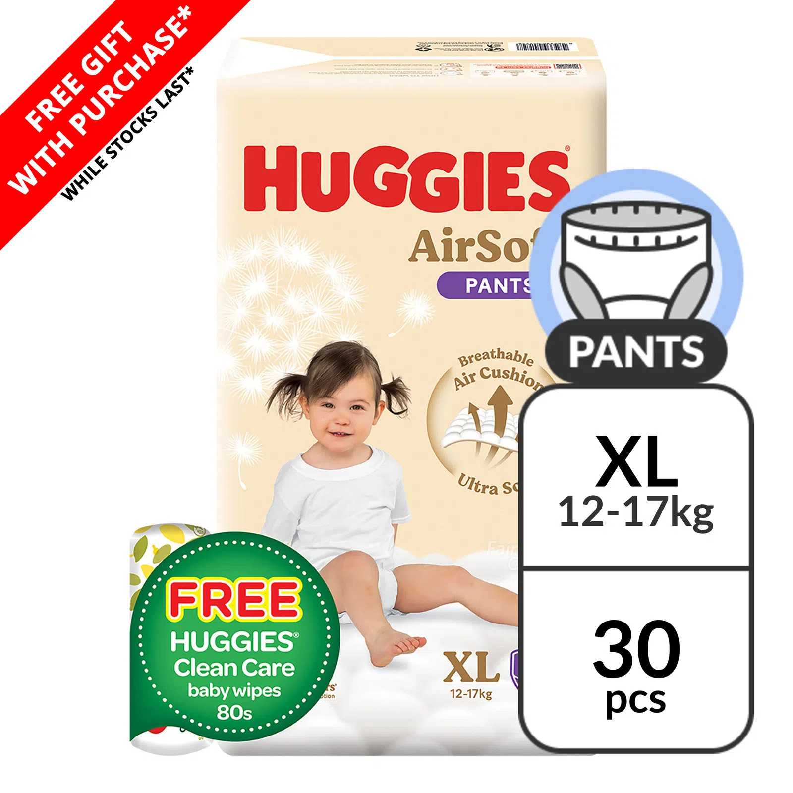 Huggies AirSoft Diaper Pants - XL 30's + 80's Wipes (Carton of 4)