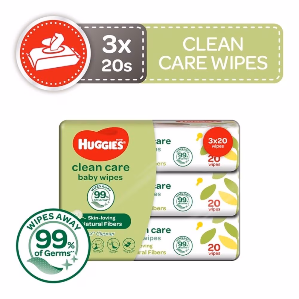 Huggies Clean Care Baby Wipes - 3x20's (Carton of 12)