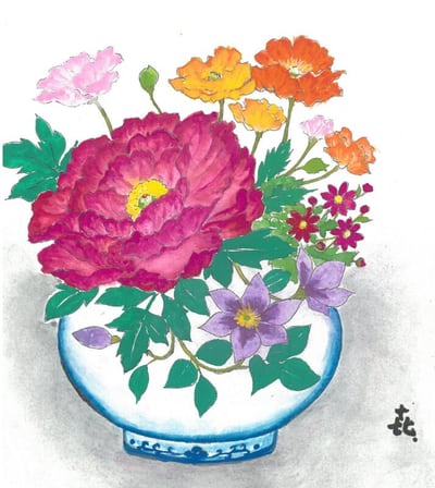 日本画絵の具を使って美しい色紙を描く
