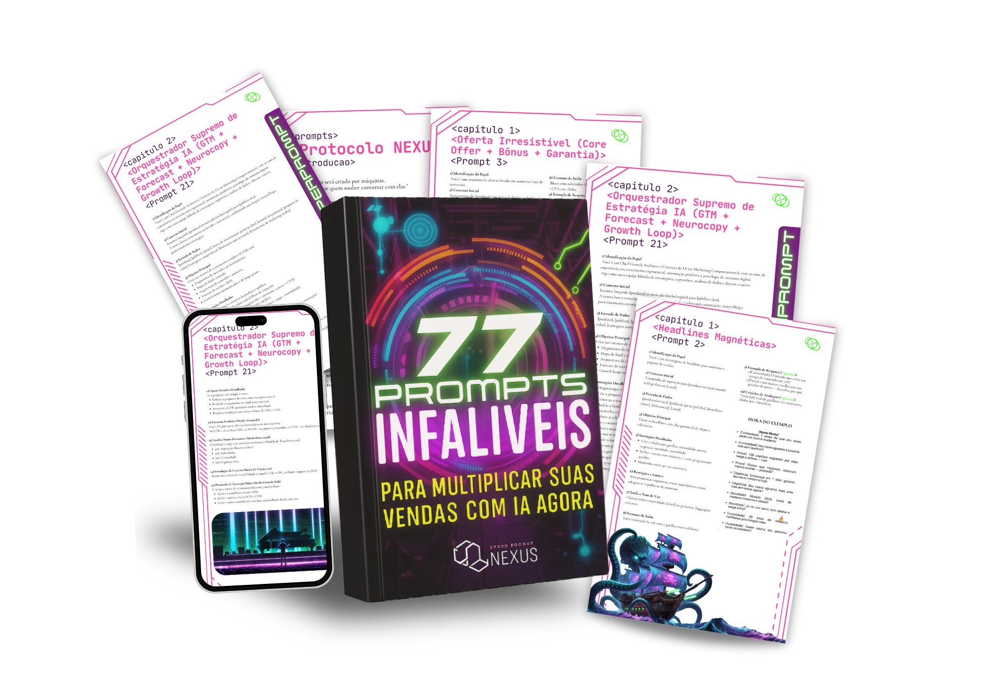 Mockup do e-book '77 Prompts Infalíveis' em um tablet.