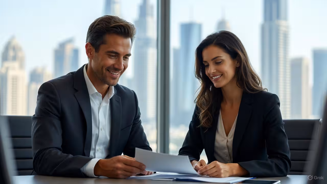 Business professionals in a meeting with Dubai skyline, representing Nexus Edge Group's strategic approach