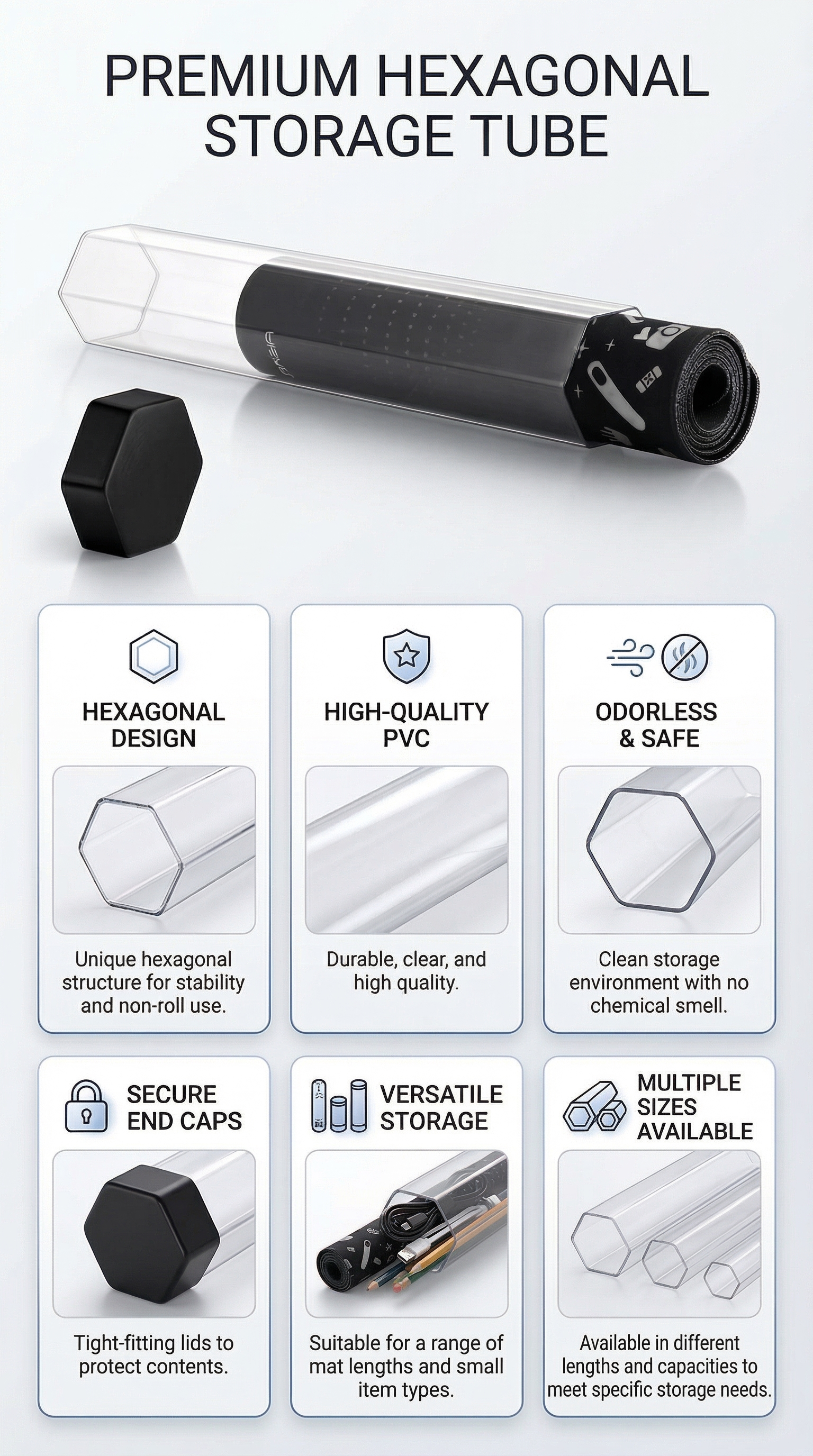 Premium hexagonal PVC storage tube with secure end caps, transparent plastic tube for mat and item storage with durable odorless design