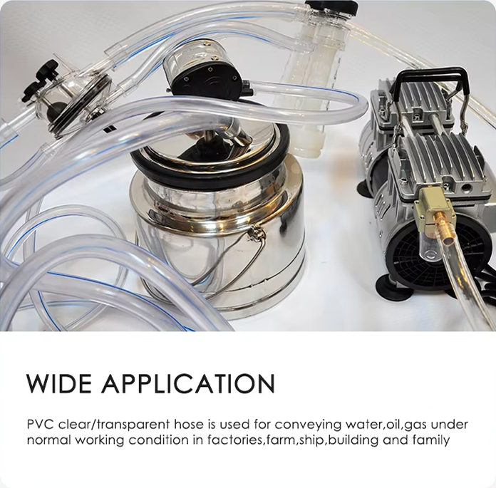 PVC transparent hose connected to industrial vacuum pump and stainless steel container for water, oil, and gas transfer in factory or farm use