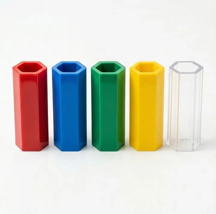 Colorful hexagonal plastic tubes in red blue green and yellow colors