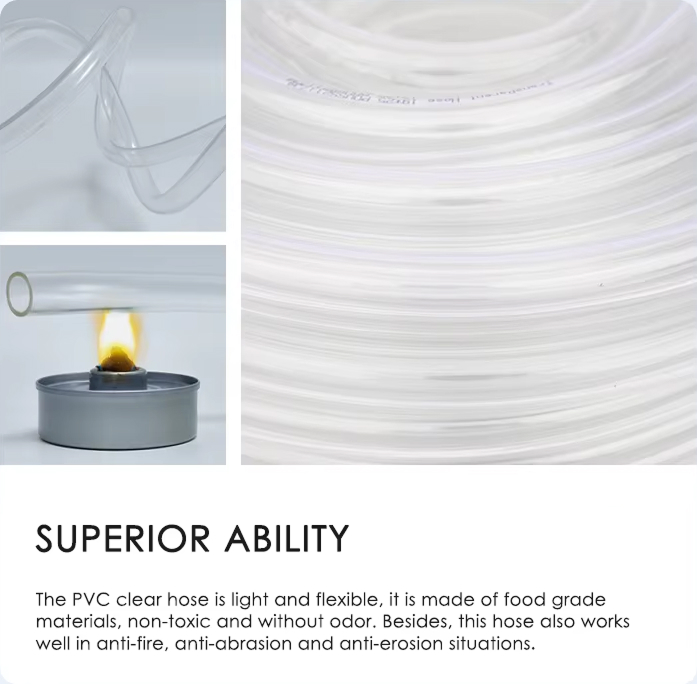 Transparent PVC clear hose roll and flexibility test showing food grade, non-toxic, flame-resistant and abrasion-resistant properties