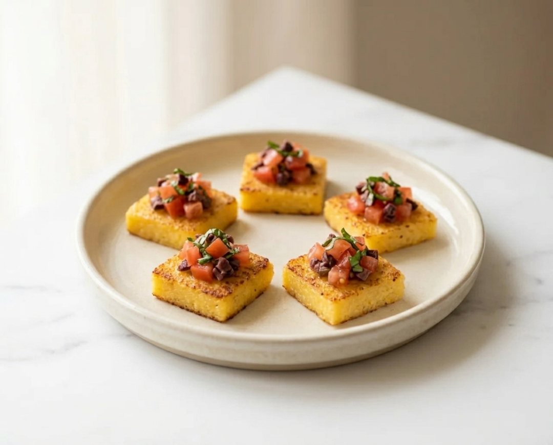Golden Polenta Toasts with Fresh Tomato and Olive
